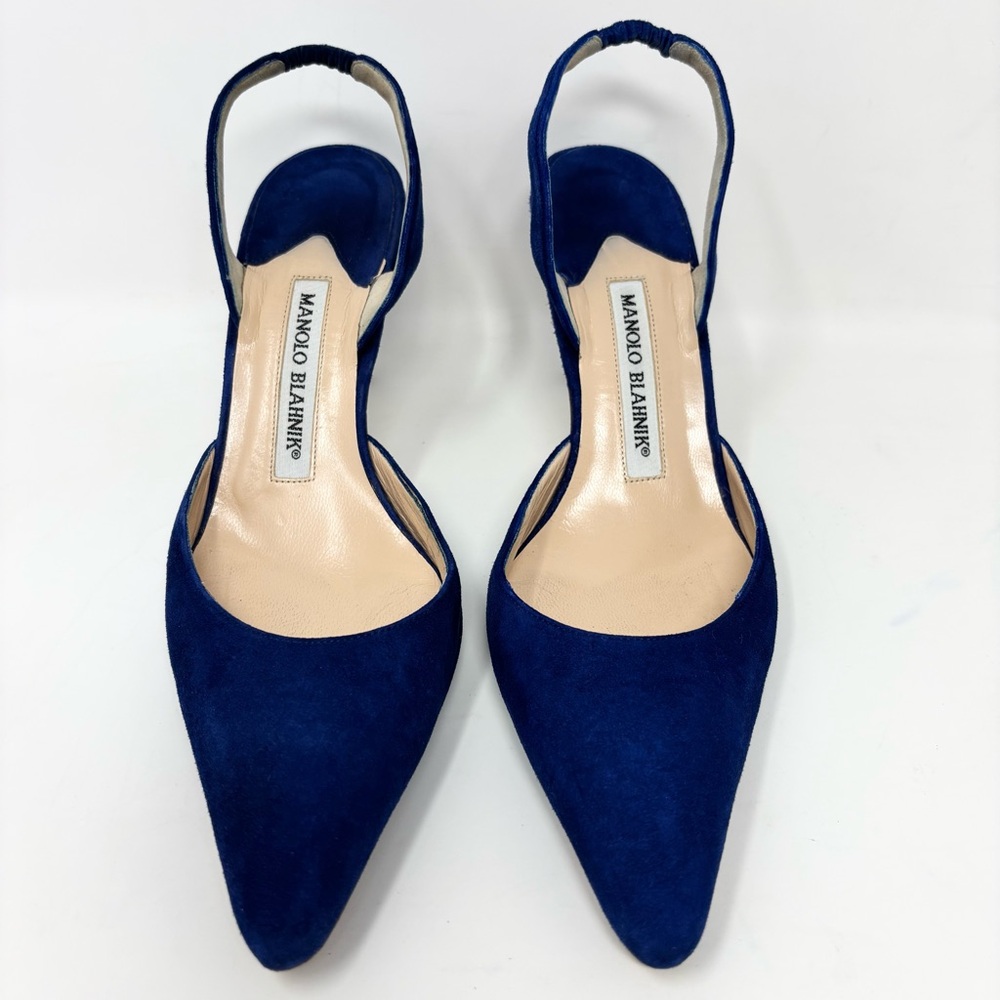 Manolo Blahnik Navy Blue Slingback Pointed-Toe Heels - Picture 6 of 16